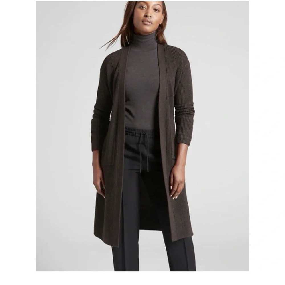 Athleta Scenic Wrap Cardigan Sweater Sz S Walnut Merino Wool Long Sweater Belt